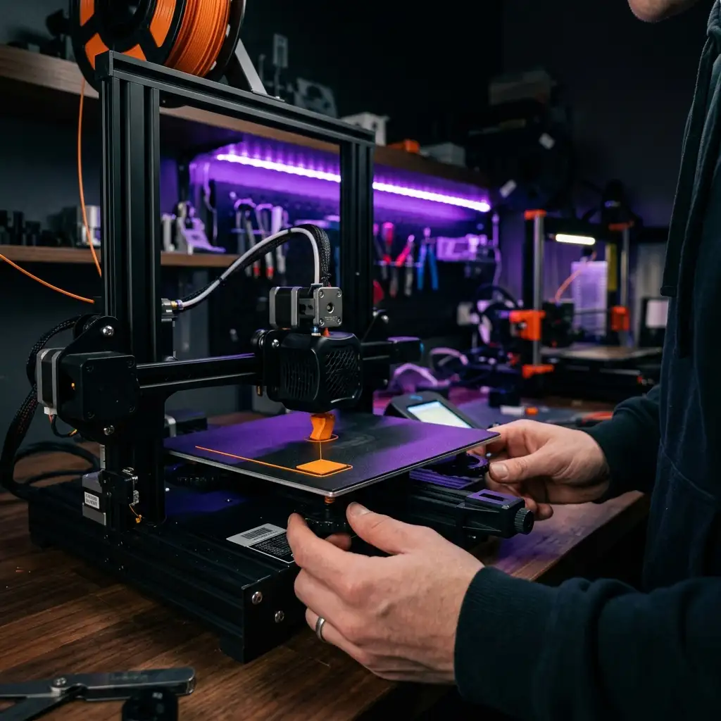 Impresora 3D FDM básica para principiantes con pieza en proceso de fabricación